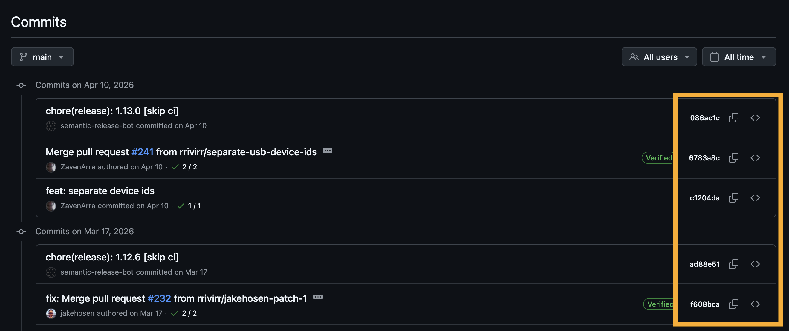 graphic showing list of commits from github repo with box around the hashes for each commit