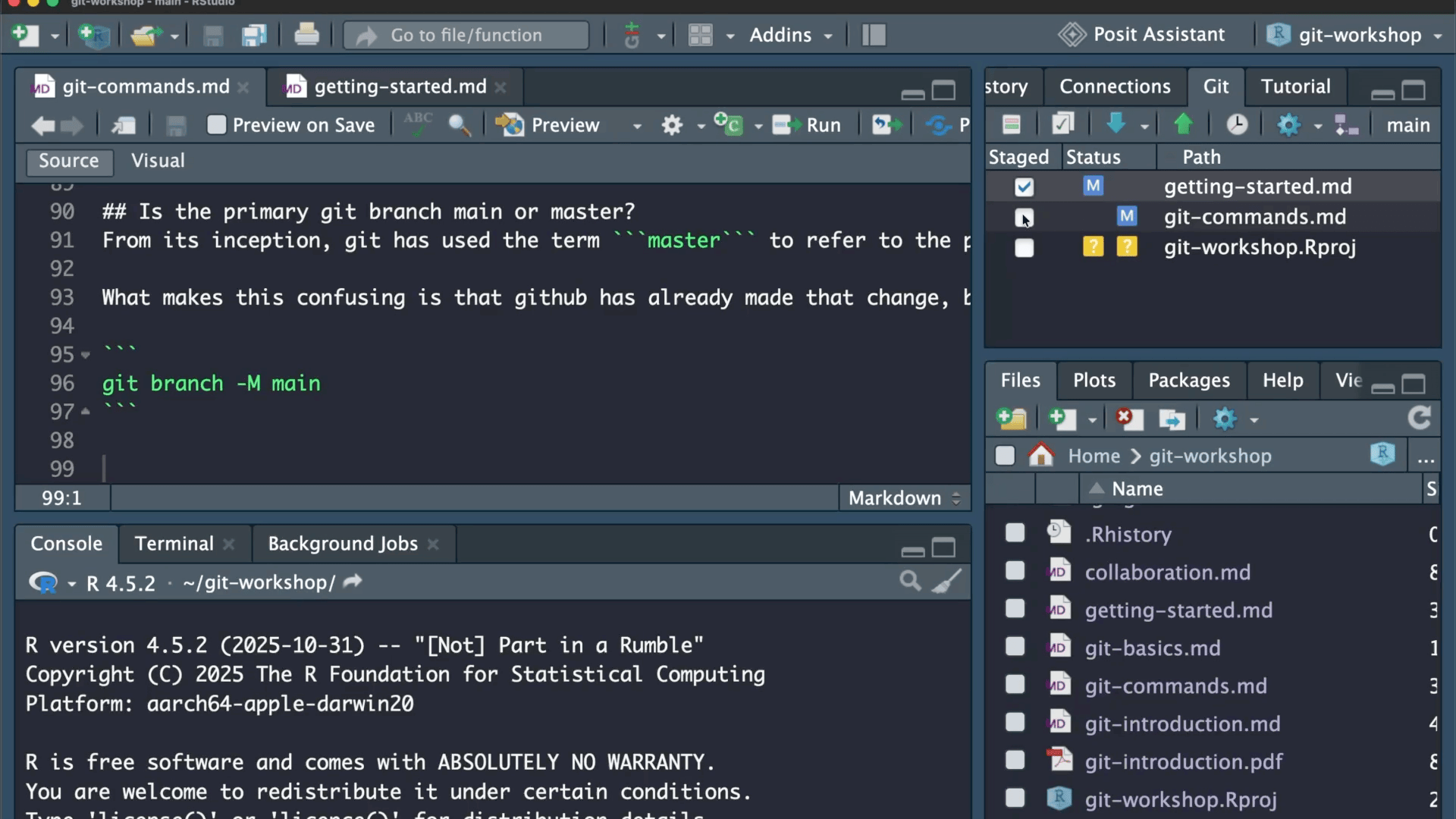 Video showing how to make a commit using RStudio