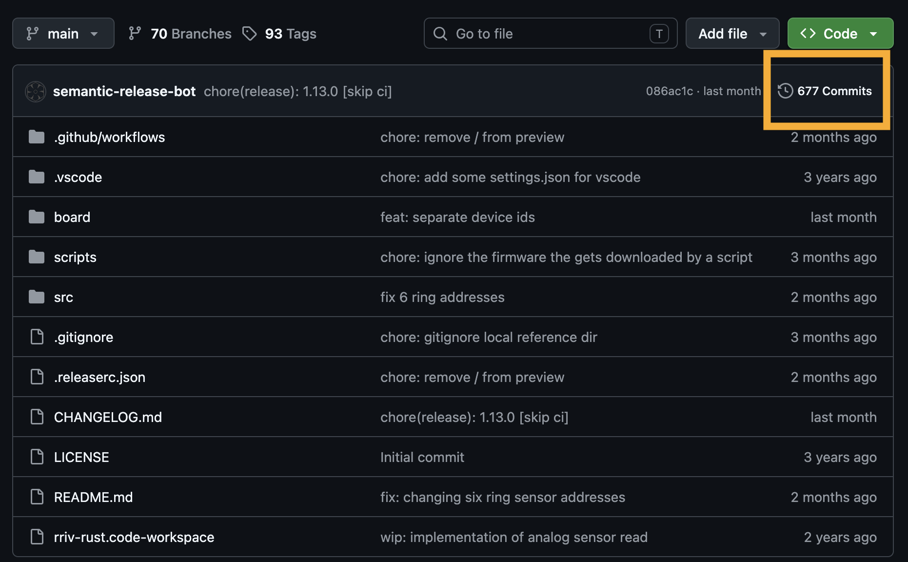 graphic showing files in a github repository with an orange box indicating how to find old commits