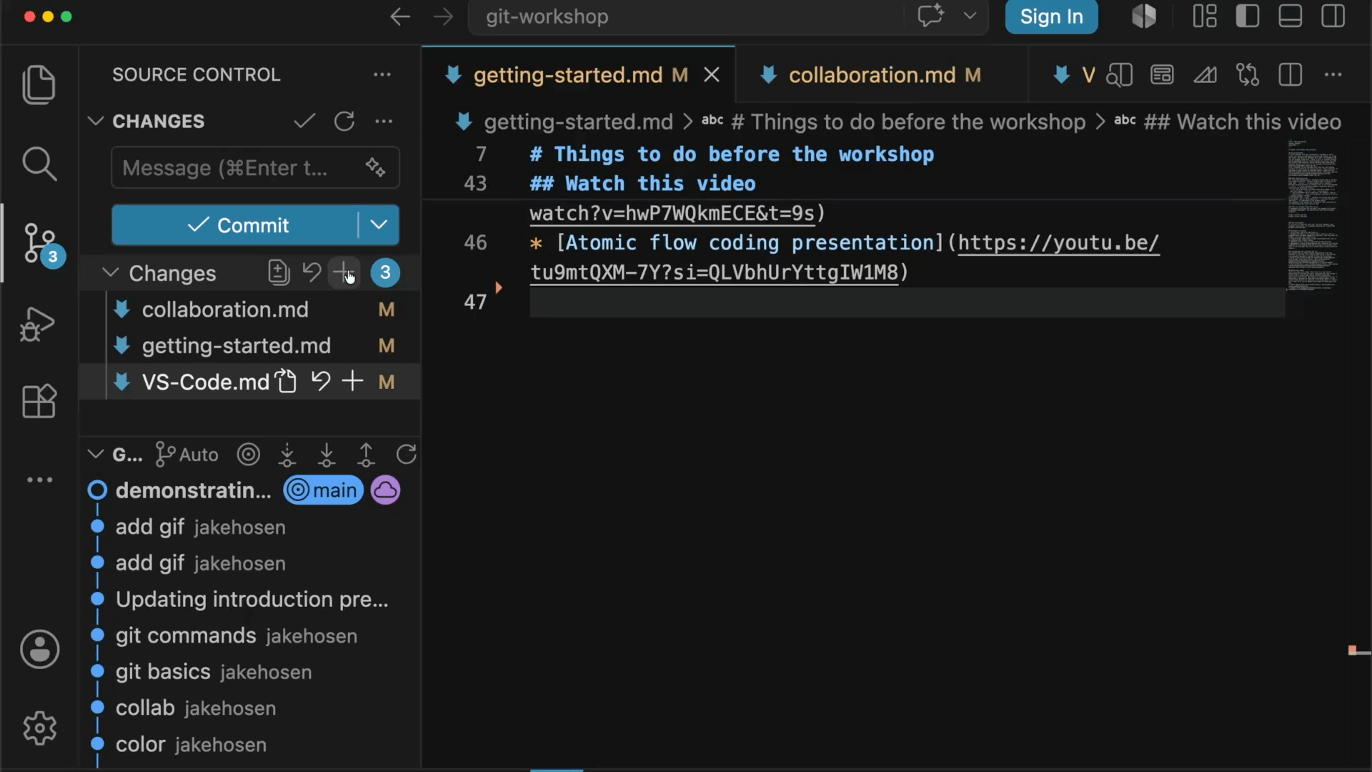 Video showing how to make a commit using VS Code
